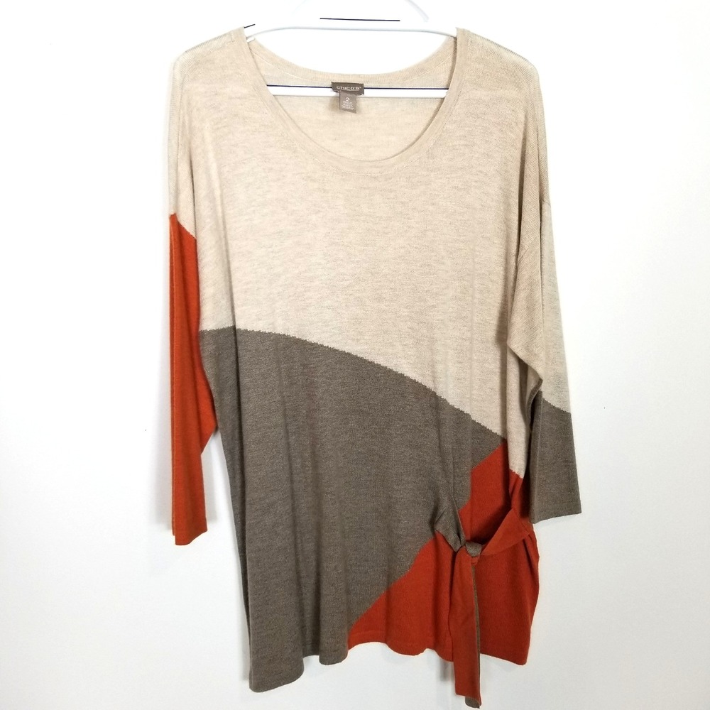 Chico's Color‎ Block Rayon Cashmere Knit Side Tie Pullover Sweater Sz L Classic